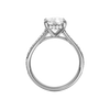 A profile view of the Elongated Cushion cut diamond engagement ring in platinum  with a channel band and hidden halo setting