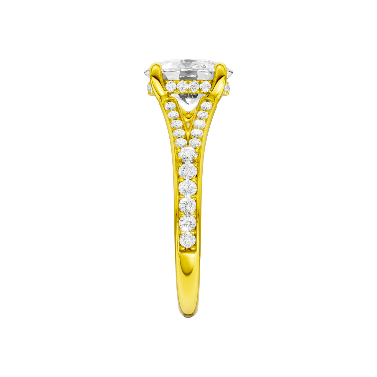 A side view of the Elongated Cushion cut diamond engagement ring in 14k yellow gold  with a channel band and hidden halo setting