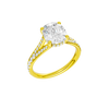 A three-quarter view of the Elongated Cushion cut diamond engagement ring in 14k yellow gold  with a channel band and hidden halo setting