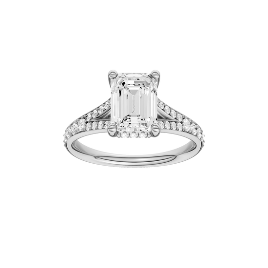 A front view of the Emerald cut diamond engagement ring in 14k white gold with a diamond channel band and split setting