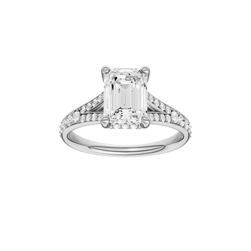A front view of the Emerald cut diamond engagement ring in 14k white gold with a diamond channel band and split setting