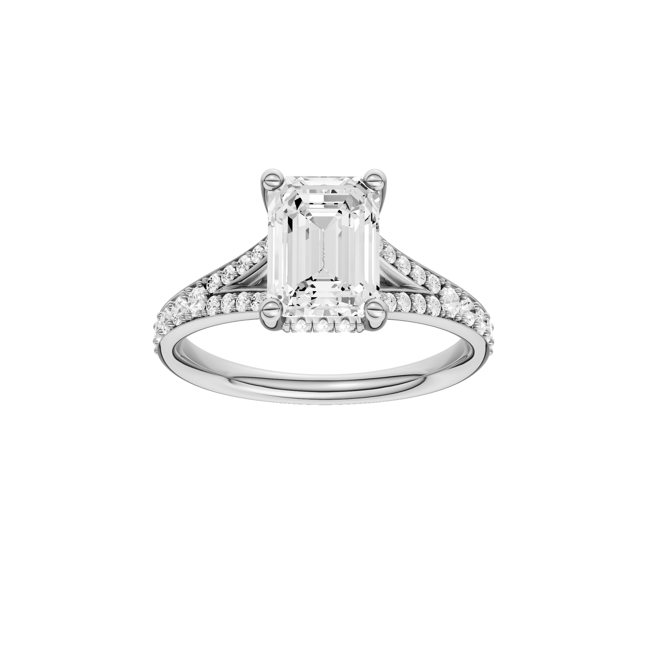 A front view of the Emerald cut diamond engagement ring in 14k platinum with a diamond channel band and split setting