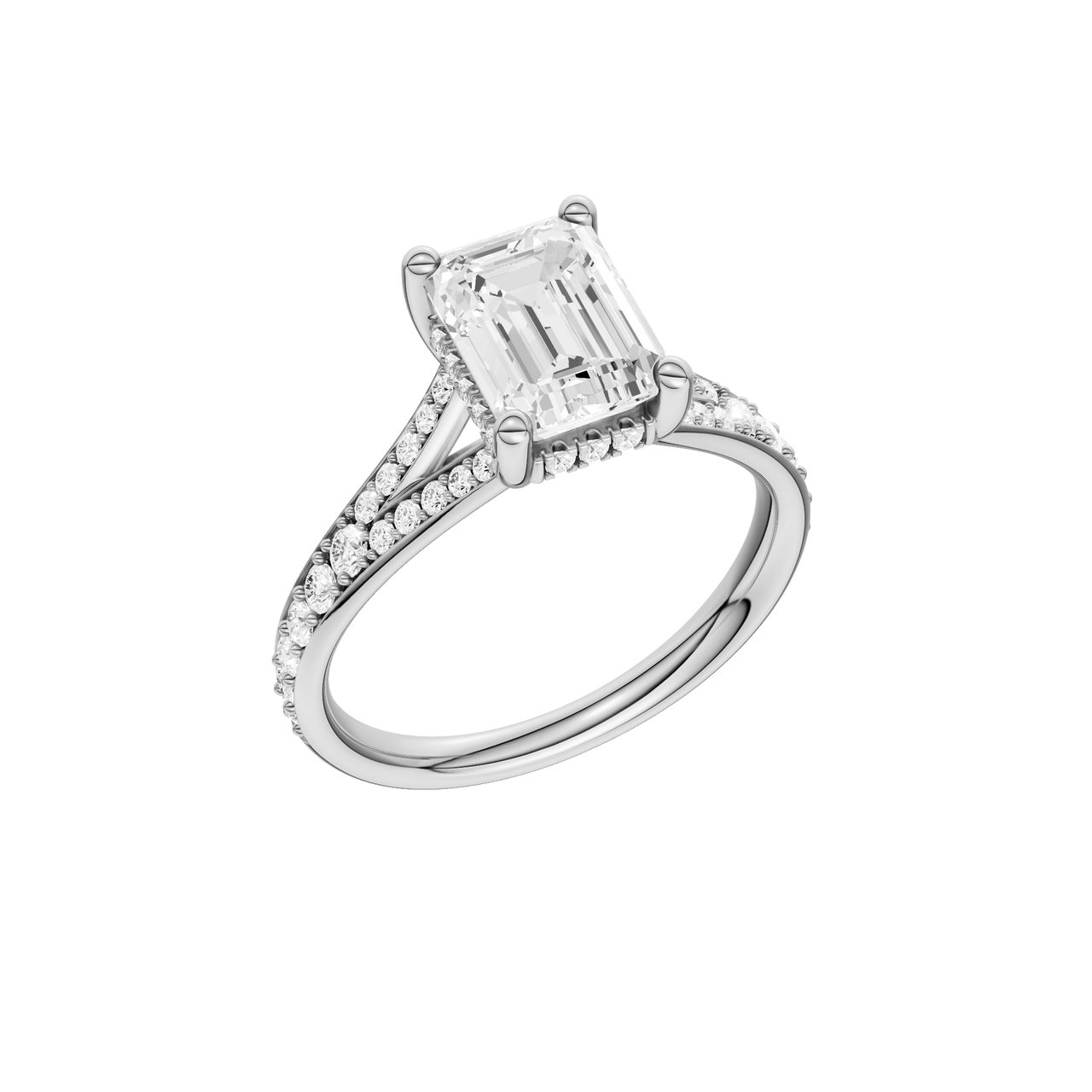 A three-quarter view of the Emerald cut diamond engagement ring in 14k white gold with a diamond channel band and split setting