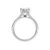 A profile view of the Emerald cut diamond engagement ring in 14k white gold with a diamond channel band and split setting