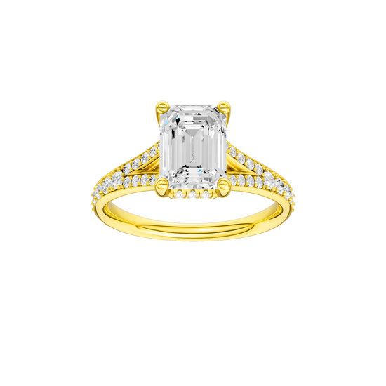 A front view of the Emerald cut diamond engagement ring in 14k yellow gold with a diamond channel band and split setting