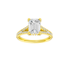 A front view of the Emerald cut diamond engagement ring in 14k yellow gold with a diamond channel band and split setting