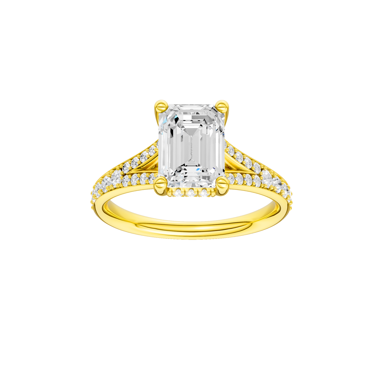 A front view of the Emerald cut diamond engagement ring in 14k yellow gold with a diamond channel band and split setting