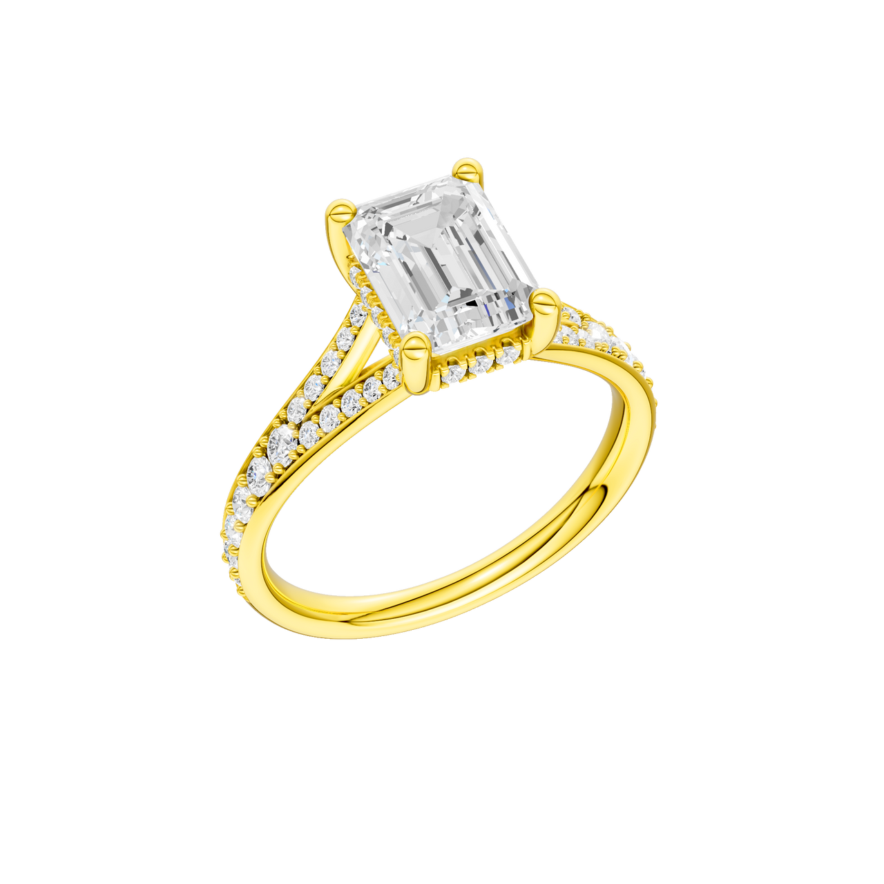 A three-quarter view of the Emerald cut diamond engagement ring in 14k yellow gold with a diamond channel band and split setting
