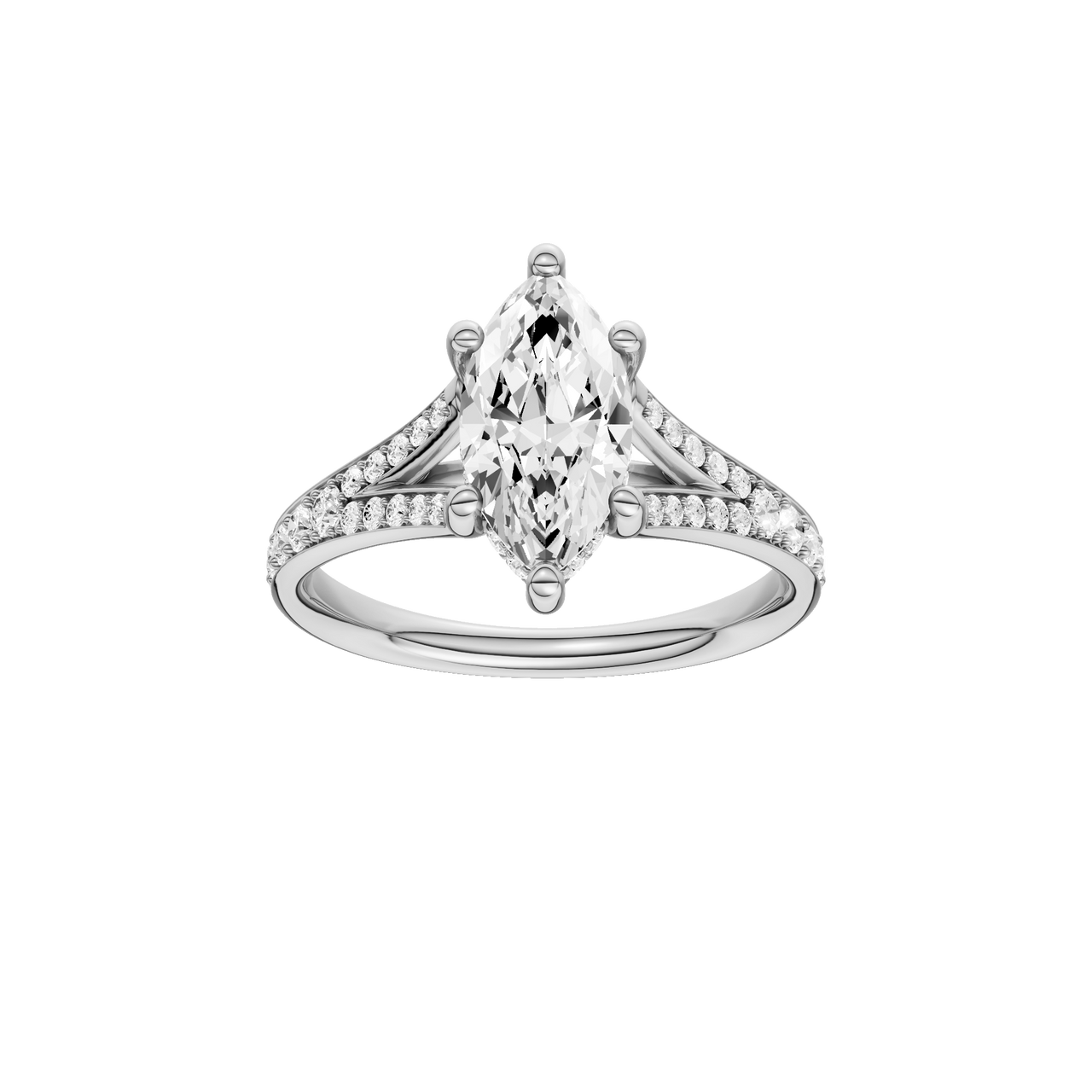 A front view of the Marquise cut diamond engagement ring in 14k white gold with a diamond channel band and split setting