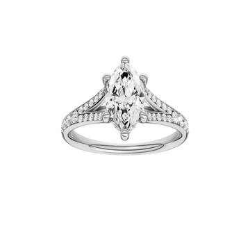 A front view of the Marquise cut diamond engagement ring in 14k white gold with a diamond channel band and split setting