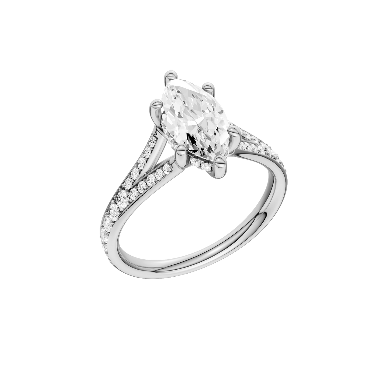 A three-quarter view of the Marquise cut diamond engagement ring in platinum with a diamond channel band and split setting