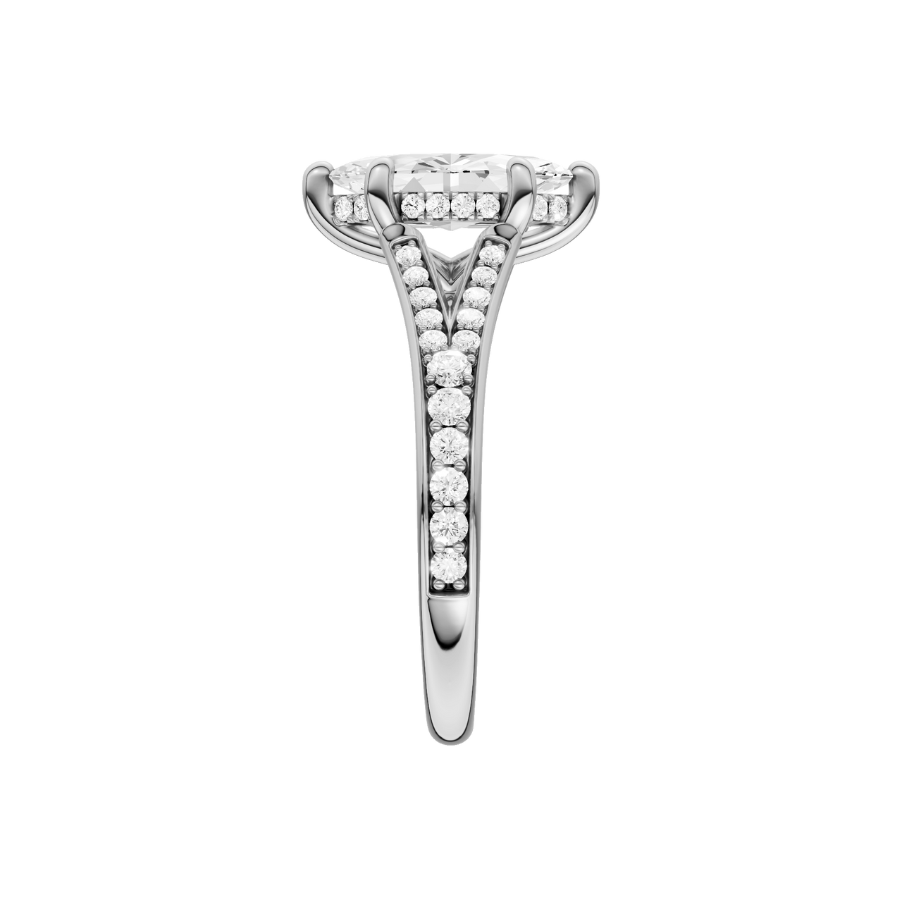 A side view of the Marquise cut diamond engagement ring in 14k white gold with a diamond channel band and split setting