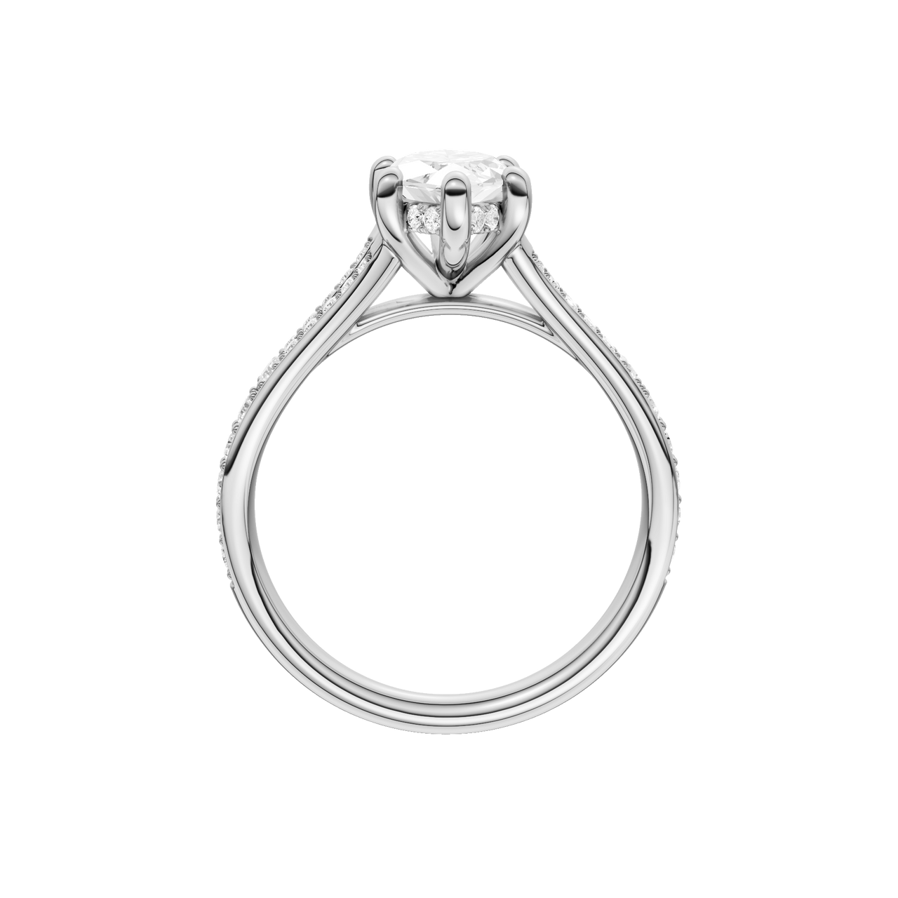 A platinum view of the Marquise cut diamond engagement ring in platinum with a diamond channel band and split setting