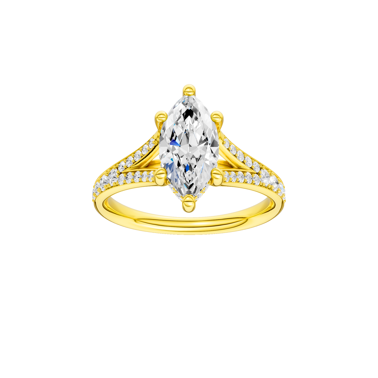 A front view of the Marquise cut diamond engagement ring in 14k yellow gold with a diamond channel band and split setting