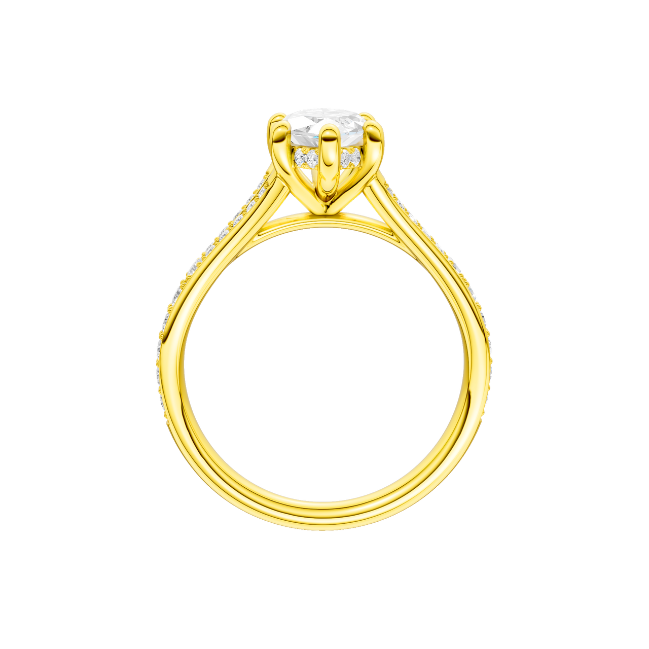 A profile view of the Marquise cut diamond engagement ring in 14k yellow gold with a diamond channel band and split setting