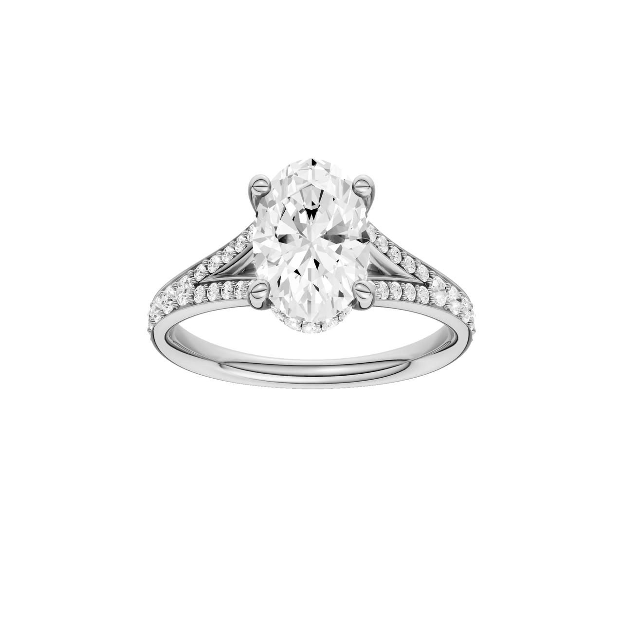 A front view of the Oval cut diamond engagement ring in 14k white gold with a channel band and hidden halo setting