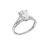 A three-quarter view of the Oval cut diamond engagement ring in platinum with a channel band and hidden halo setting