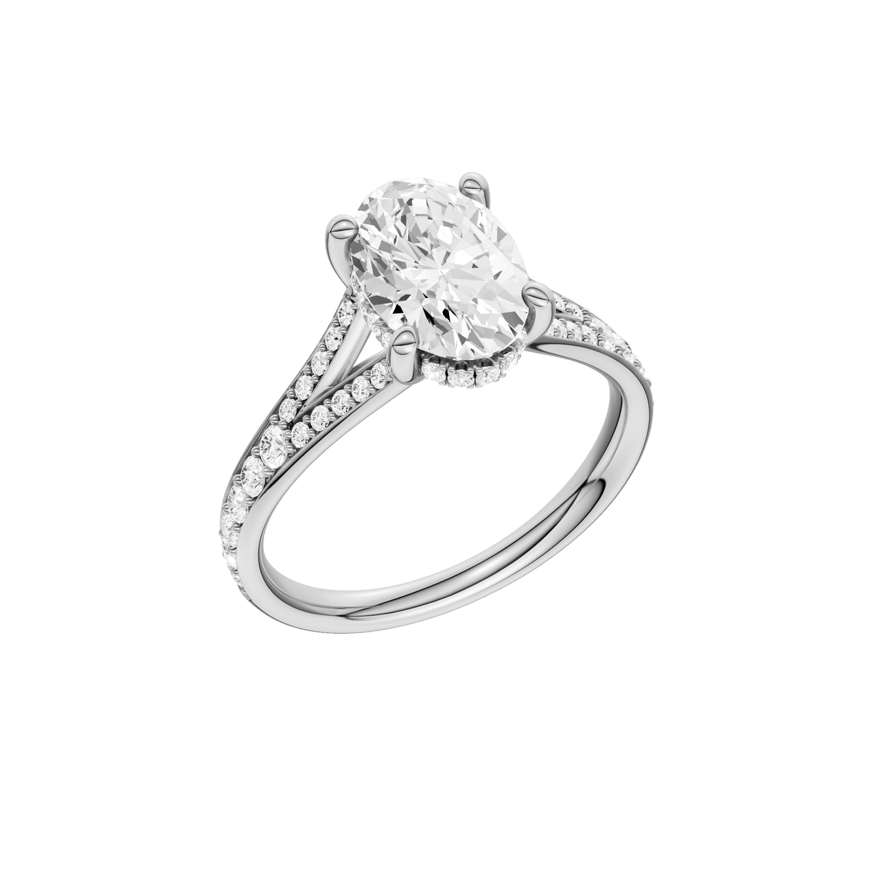 A three-quarter view of the Oval cut diamond engagement ring in platinum with a channel band and hidden halo setting