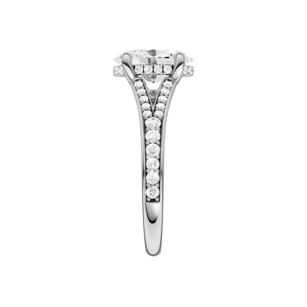 A side view of the Oval cut diamond engagement ring in 14k white gold with a channel band and hidden halo setting