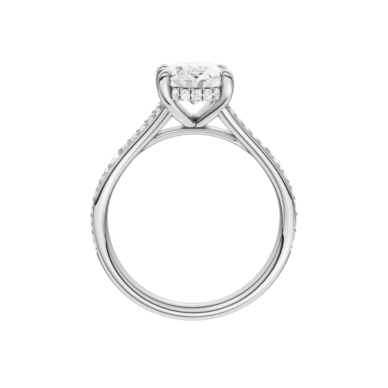 A profile view of the Oval cut diamond engagement ring in platinum with a channel band and hidden halo setting
