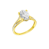 A three-quarter view of the Oval cut diamond engagement ring in 14k yellow gold with a channel band and hidden halo setting