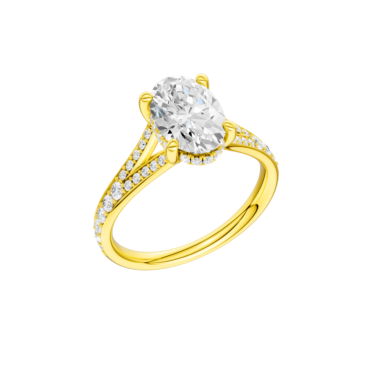 A three-quarter view of the Oval cut diamond engagement ring in 14k yellow gold with a channel band and hidden halo setting