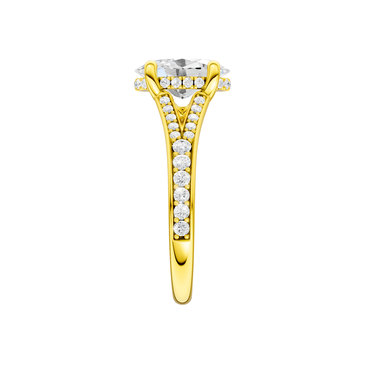 A side view of the Oval cut diamond engagement ring in 14k yellow gold with a channel band and hidden halo setting