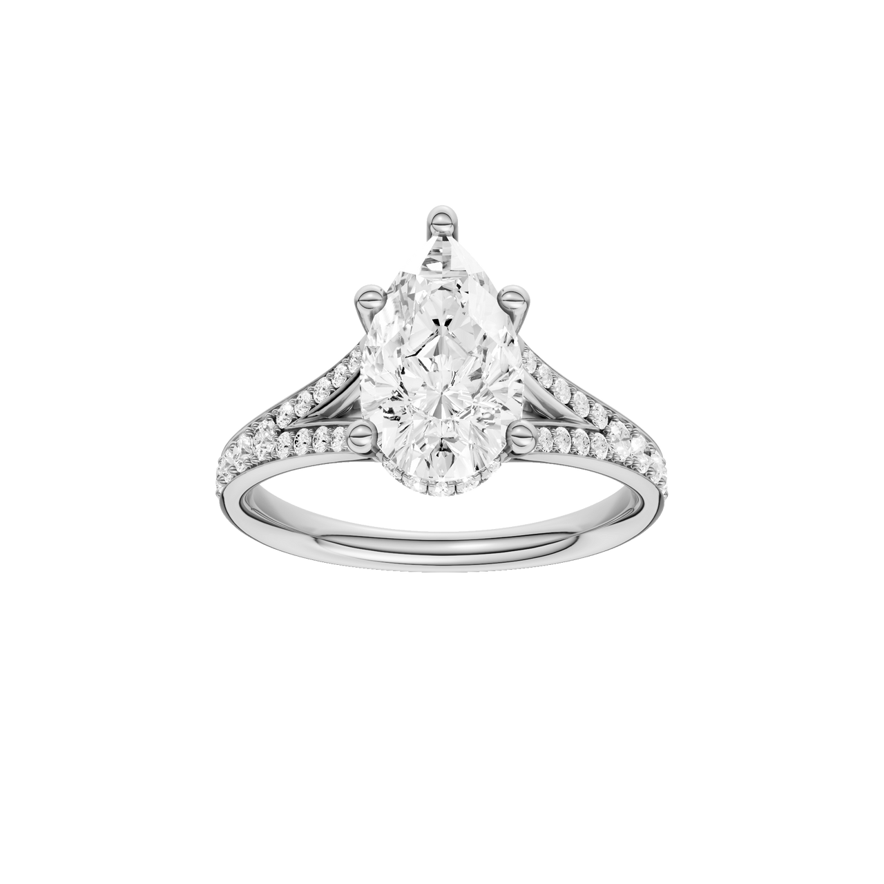 A front view of the Pear cut diamond engagement ring in platinum with a channel band and cathedral setting