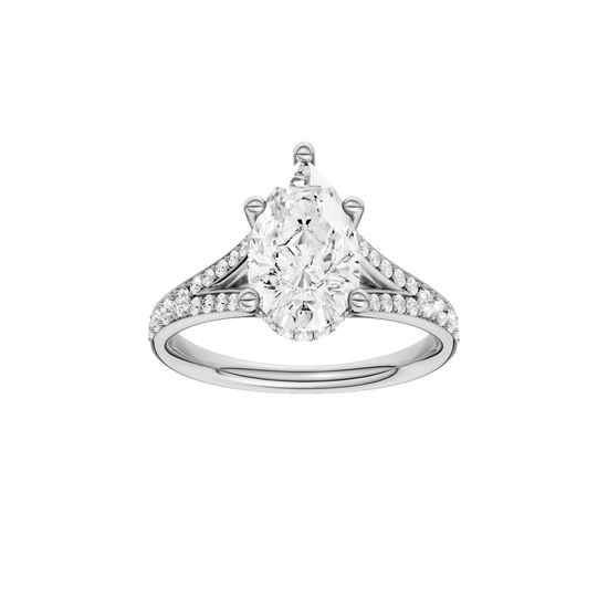 A front view of the Pear cut diamond engagement ring in 14k white gold with a channel band and cathedral setting