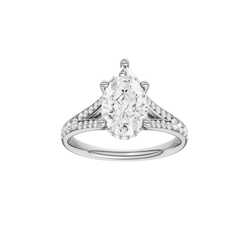 A front view of the Pear cut diamond engagement ring in 14k white gold with a channel band and cathedral setting