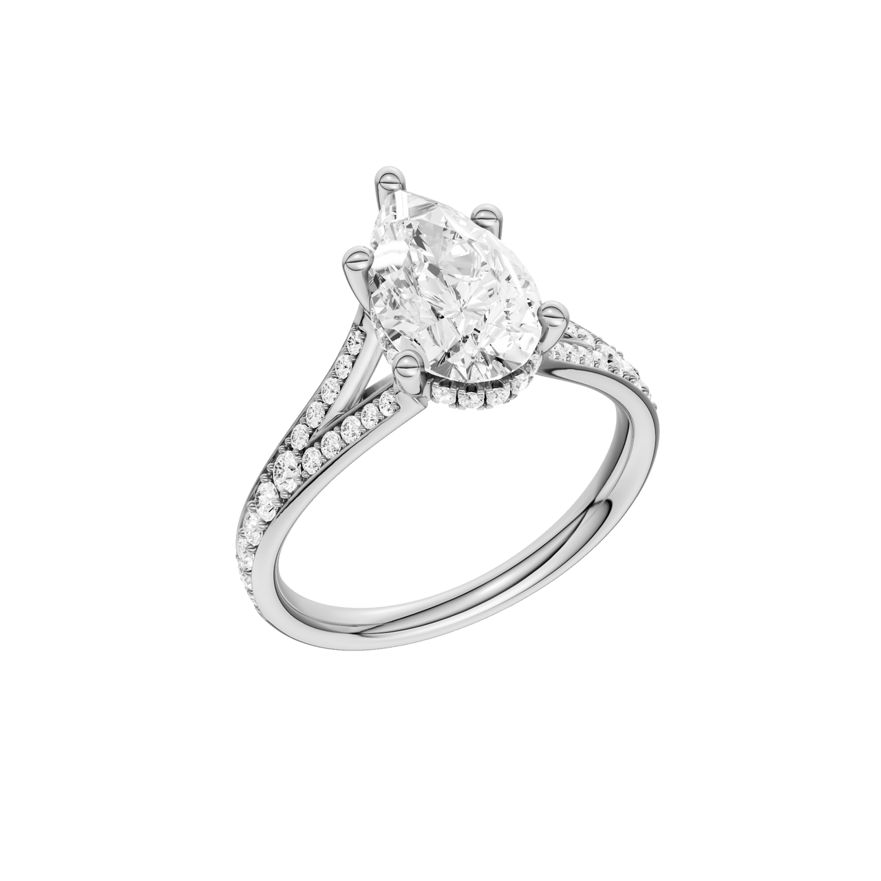 A three-quarter view of the Pear cut diamond engagement ring in platinum with a channel band and cathedral setting