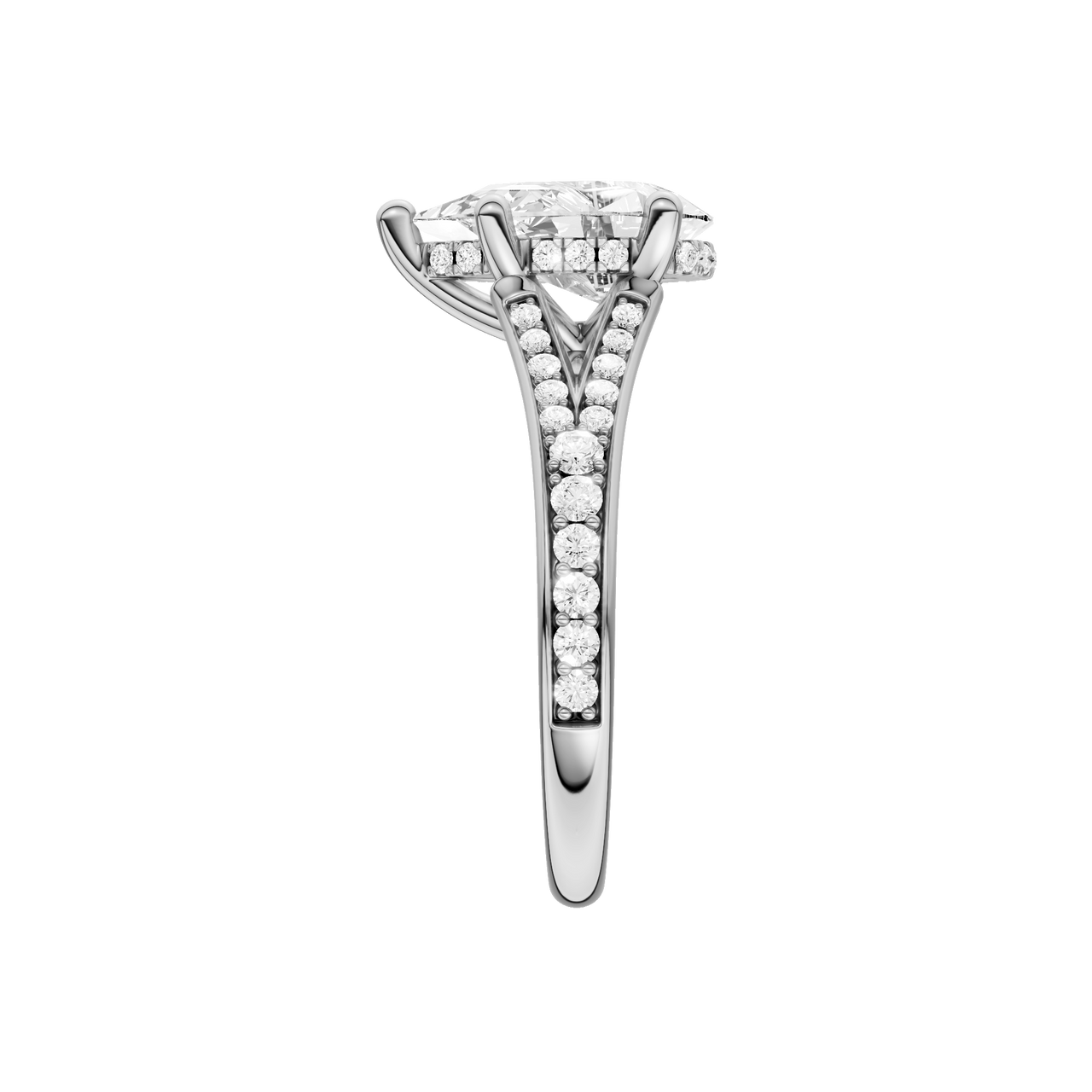 A side view of the Pear cut diamond engagement ring in 14k white gold with a channel band and cathedral setting