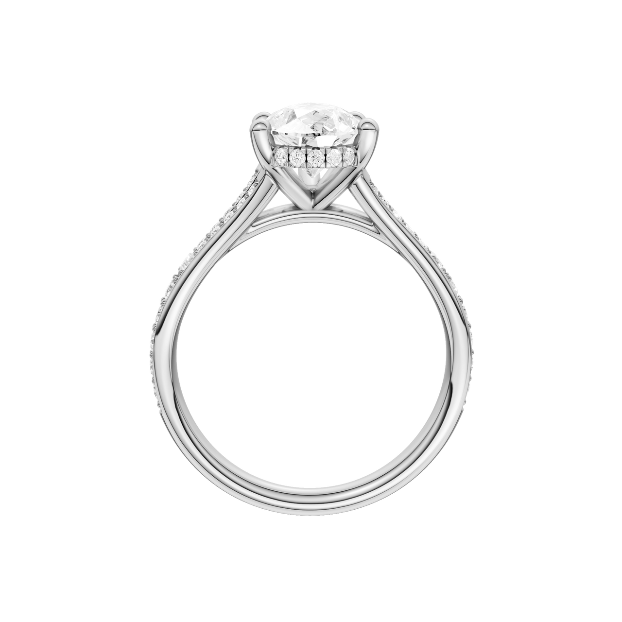 A profile view of the Pear cut diamond engagement ring in 14k white gold with a channel band and cathedral setting