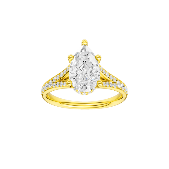 A front view of the Pear cut diamond engagement ring in 14k yellow gold with a channel band and cathedral setting