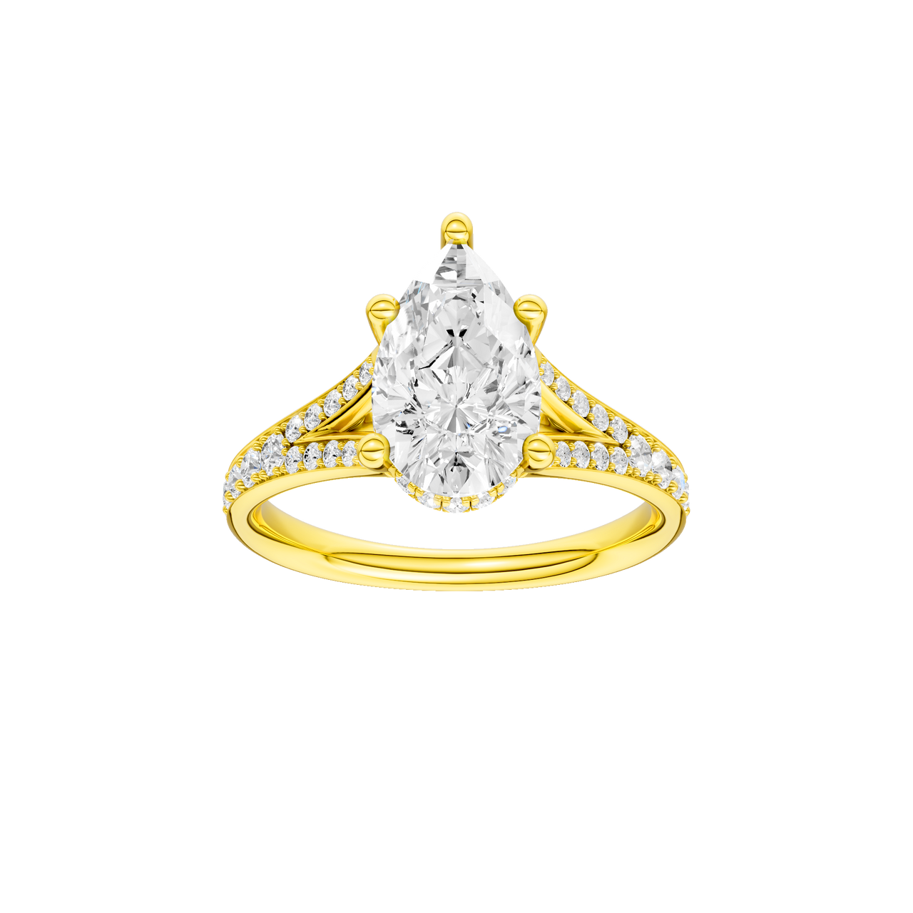 A front view of the Pear cut diamond engagement ring in 14k yellow gold with a channel band and cathedral setting