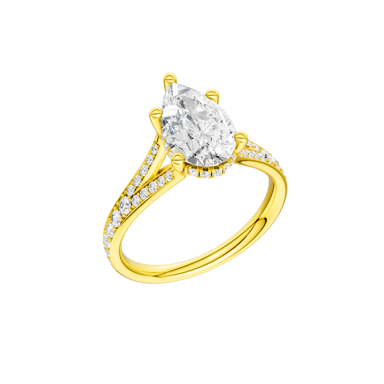 A three-quarter view of the Pear cut diamond engagement ring in 14k yellow gold with a channel band and cathedral setting