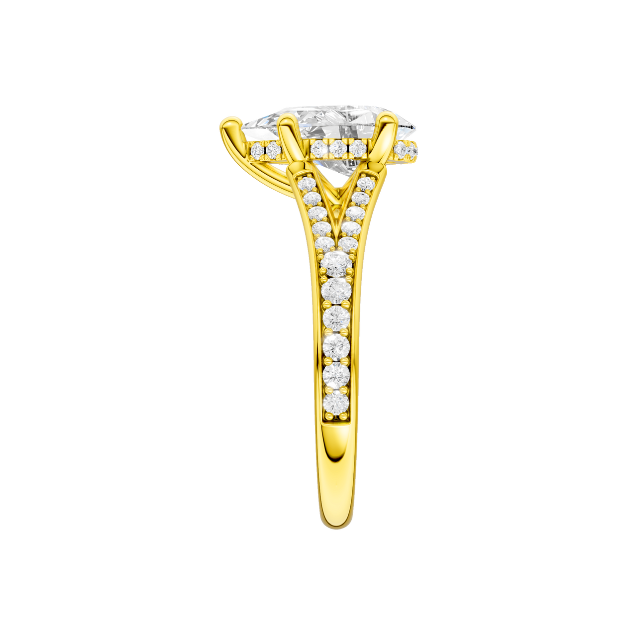 A side view of the Pear cut diamond engagement ring in 14k yellow gold with a channel band and cathedral setting