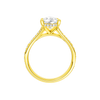 A profile view of the Pear cut diamond engagement ring in 14k yellow gold with a channel band and cathedral setting