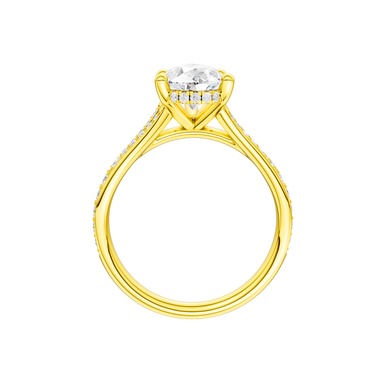 A profile view of the Pear cut diamond engagement ring in 14k yellow gold with a channel band and cathedral setting