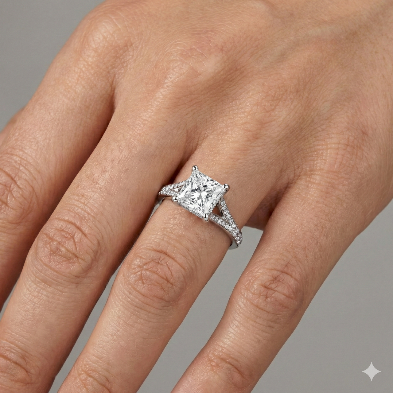 Princess cut diamond engagement ring in 14k white gold with a diamond channel band and split setting on a hand