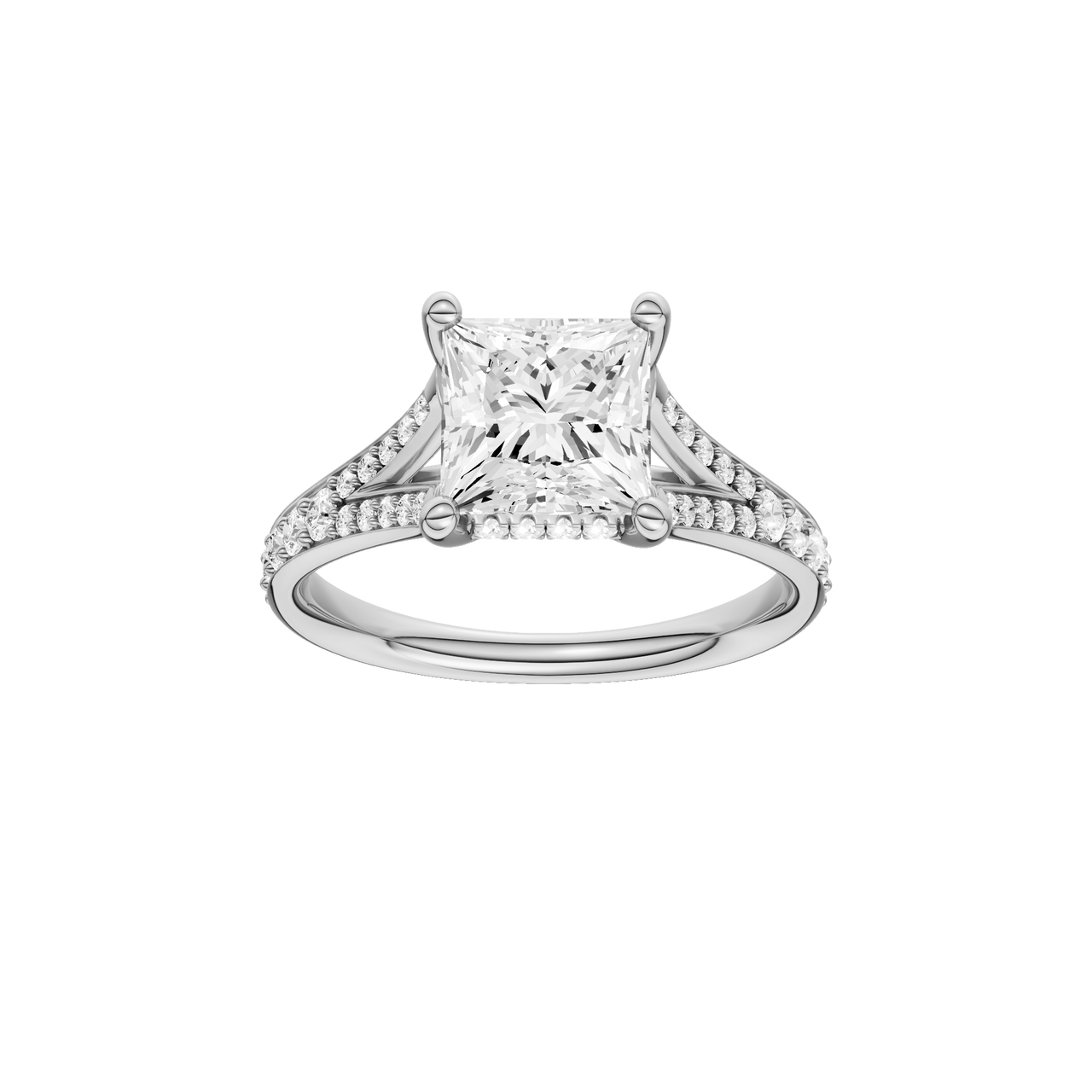 A front view of the Princess cut diamond engagement ring in platinum with a diamond channel band and split setting