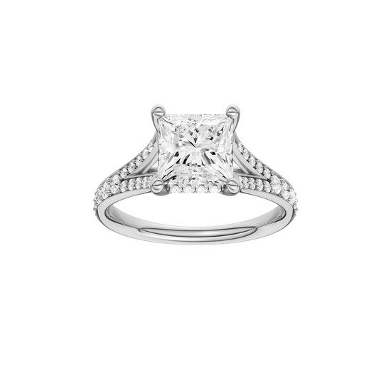 A front view of the Princess cut diamond engagement ring in 14k white gold with a diamond channel band and split setting