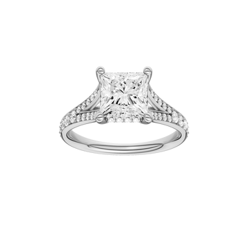 A front view of the Princess cut diamond engagement ring in 14k white gold with a diamond channel band and split setting
