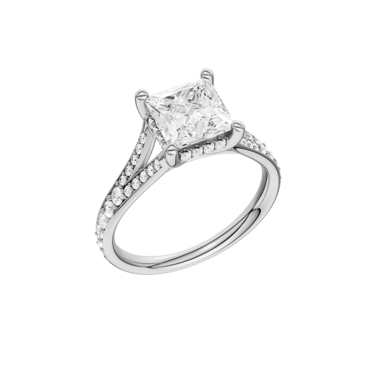 A three-quarter view of the Princess cut diamond engagement ring in platinum with a diamond channel band and split setting