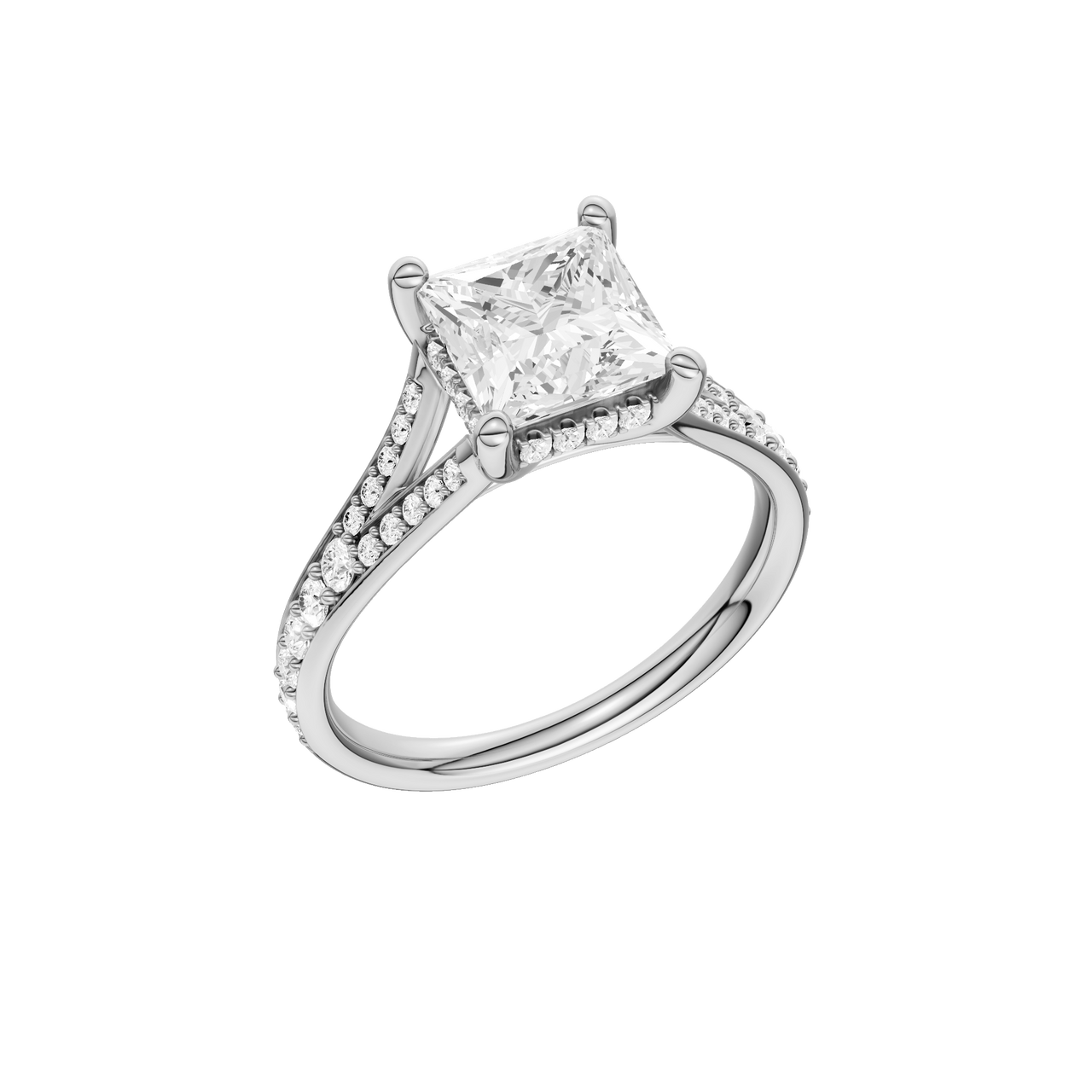 A three-quarter view of the Princess cut diamond engagement ring in platinum with a diamond channel band and split setting