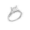 A three-quarter view of the Princess cut diamond engagement ring in 14k white gold with a diamond channel band and split setting