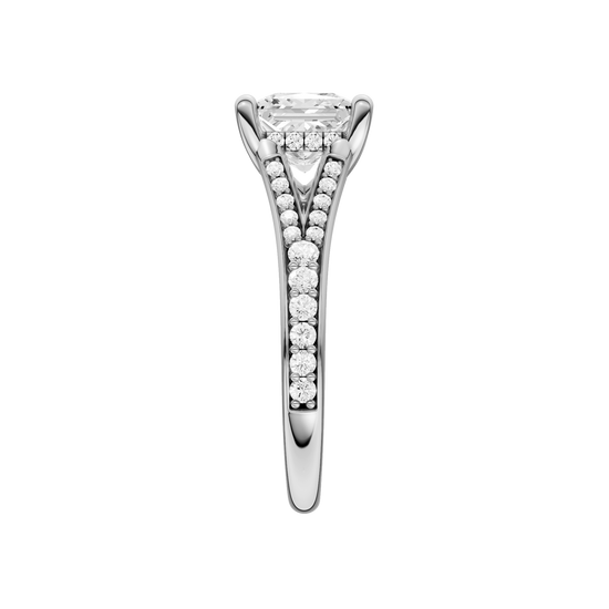 A side view of the Princess cut diamond engagement ring in 14k white gold with a diamond channel band and split setting
