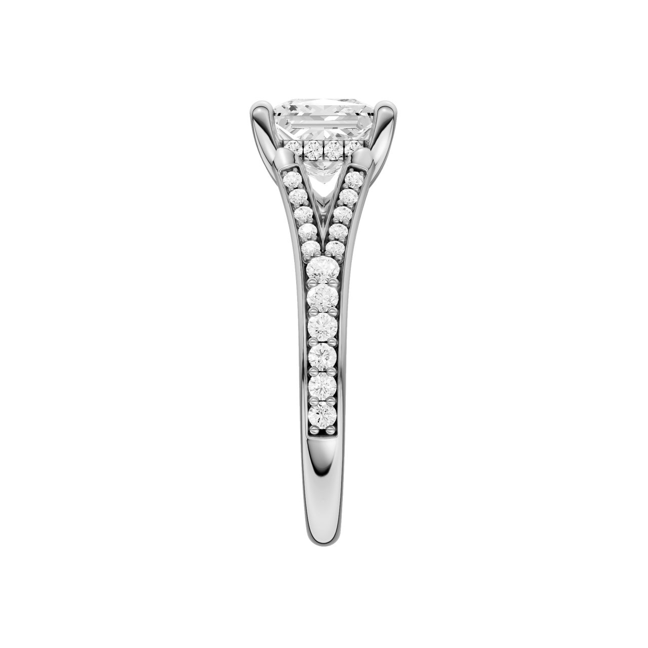 A side view of the Princess cut diamond engagement ring in 14k white gold with a diamond channel band and split setting