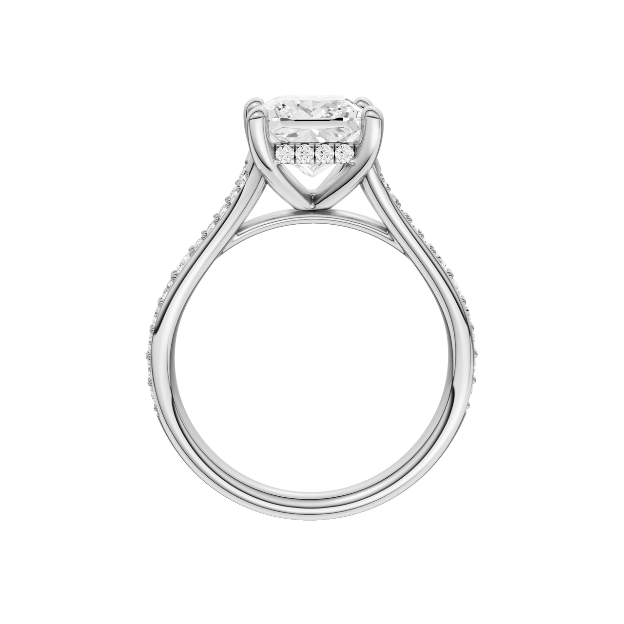 A profile view of the Princess cut diamond engagement ring in 14k white gold with a diamond channel band and split setting