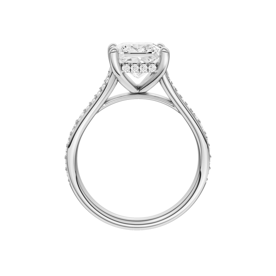 A profile view of the Princess cut diamond engagement ring in platinum with a diamond channel band and split setting
